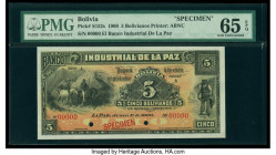 Bolivia Banco Industrial de La Paz 5 Bolivianos 1900 Pick S152s Specimen PMG Gem Uncirculated 65 EPQ. Red Specimen overprints and two POCs are present...