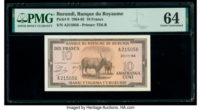 Burundi Banque du Royaume du Burundi 10 Francs 20.11.1964 Pick 9 PMG Choice Unci...