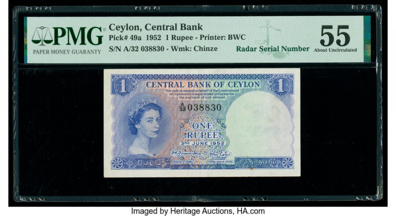 Ceylon Central Bank of Ceylon 1 Rupee 3.6.1952 Pick 49a PMG About Uncirculated 5...