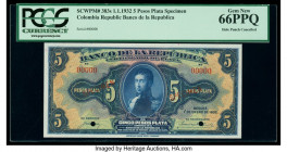 Colombia Banco de la Republica 5 Pesos 1.1.1932 Pick 383s Specimen PCGS Gem New 66PPQ. Red Specimen overprints and two POCs are present on this exampl...