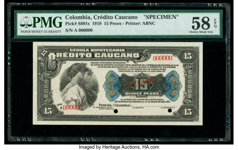 Colombia Credito Caucano 15 Pesos 1919 Pick S891s Specimen PMG Choice About Unc ...