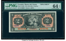 Ecuador Banco del Azuay 2 Sucres ND (1914-20) Pick S102s Specimen PMG Choice Uncirculated 64 EPQ. Red Specimen overprints and two POCs are present on ...