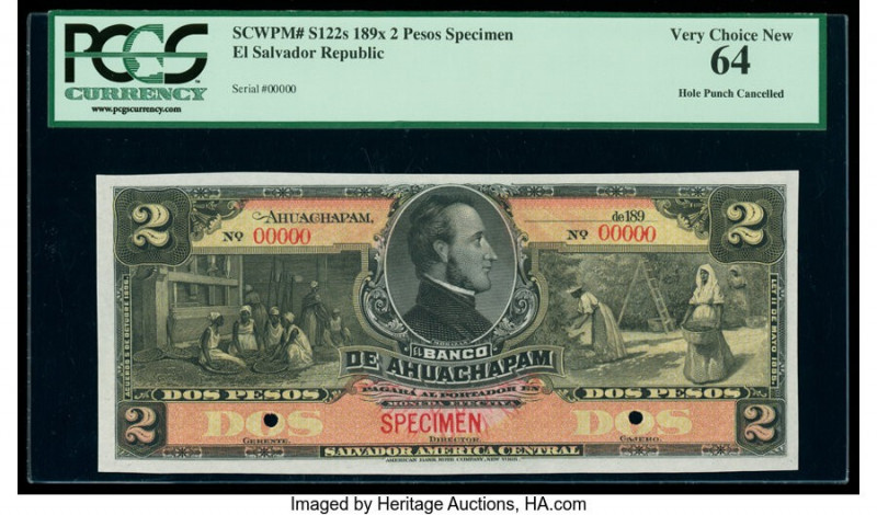 El Salvador Banco de Ahuachapam 2 Pesos 1890s Pick S122s Specimen PCGS Very Choi...