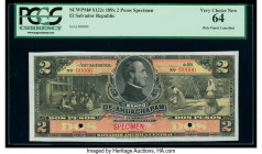 El Salvador Banco de Ahuachapam 2 Pesos 1890s Pick S122s Specimen PCGS Very Choice New 64. Red Specimen overprints and two POCs present.

HID098012420...