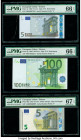 European Union Central Bank, Greece 5 (2); 100 Euro 2002 (2); 2013 Pick 1y; 5y; 20y Three Examples PMG Gem Uncirculated 66 EPQ (2); Superb Gem Unc 67 ...