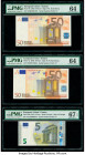 European Union Central Bank, Austria; France (2) 50 (2); 5 Euro 2002 (2); 2013 Pick 4n; 4u; 20u Three Examples PMG Choice Uncirculated 64 (2); Superb ...