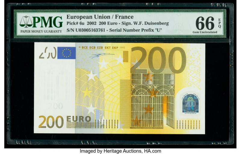European Union Central Bank, France 200 Euro 2002 Pick 6u PMG Gem Uncirculated 6...