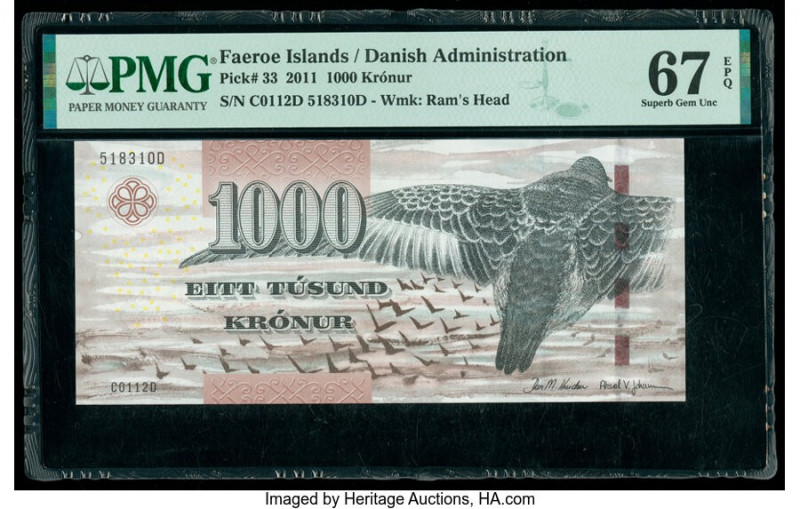 Faeroe Islands Foroyar 1000 Kronur 2011 Pick 33 PMG Superb Gem Unc 67 EPQ. 

HID...