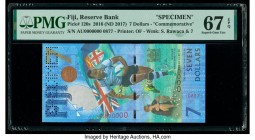 Fiji Reserve Bank of Fiji 7 Dollars 2016 (ND 2017) Pick 120s Commemorative Specimen PMG Superb Gem Unc 67 EPQ. A roulette Specimen punch is present on...