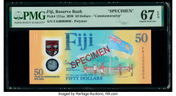 Fiji Reserve Bank of Fiji 50 Dollars 2020 Pick 121as Commemorative Specimen PMG Superb Gem Unc 67 EPQ. Red Specimen overprints are noted on this examp...