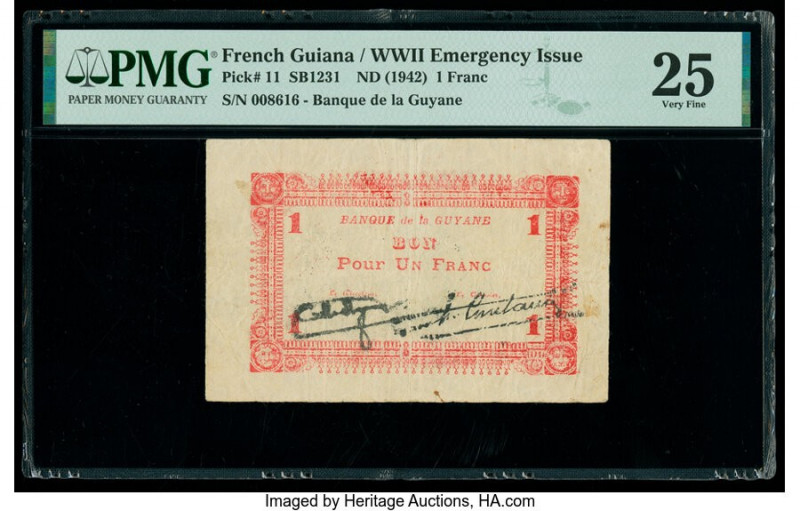 French Guiana Banque de la Guyane 1 Franc ND (1942) Pick 11 PMG Very Fine 25. 

...