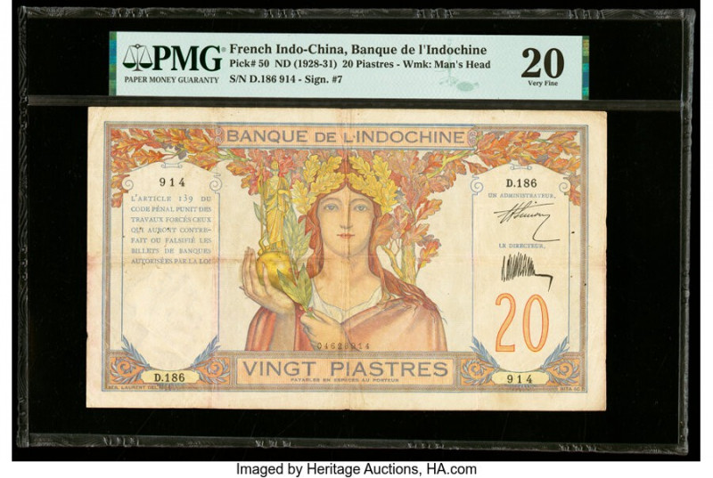 French Indochina Banque de l'Indo-Chine 20 Piastres ND (1928-31) Pick 50 PMG Ver...