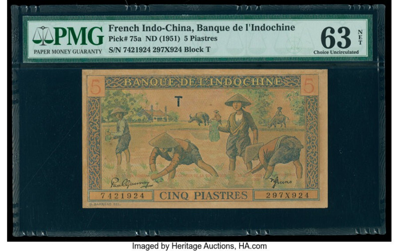 French Indochina Banque de l'Indo-Chine 5 Piastres ND (1951) Pick 75a PMG Choice...