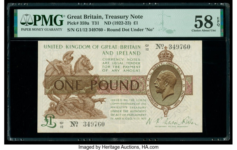 Great Britain Bank of England 1 Pound ND (1922-23) Pick 359a PMG Choice About Un...