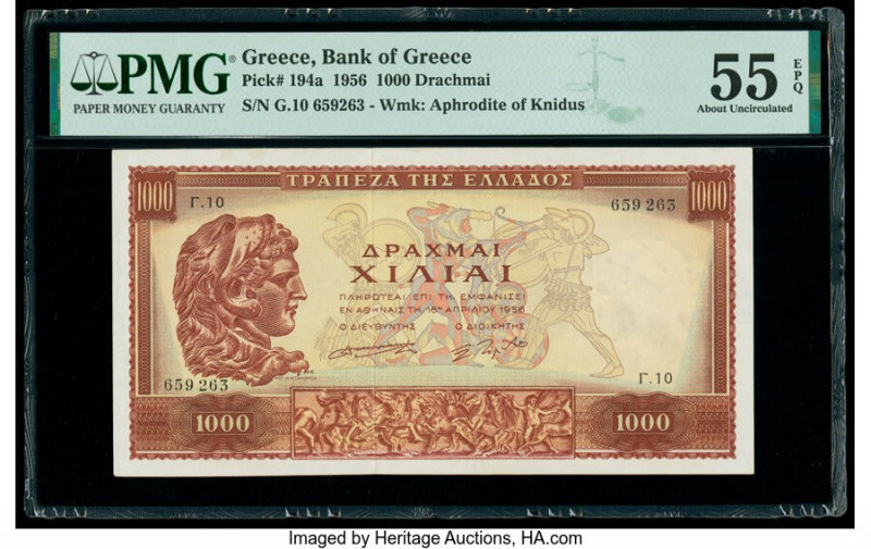 Greece Bank of Greece 1000 Drachmai 1956 Pick 194a PMG About Uncirculated 55 EPQ...