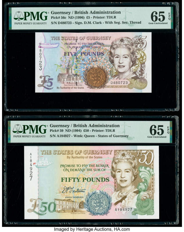 Guernsey States of Guernsey 5; 50 Pounds ND (1996); ND (1994) Pick 56c; 59 Two E...