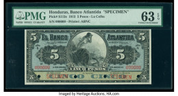 Honduras Banco Atlantida 5 Pesos 1.4.1913 Pick S113s Specimen PMG Choice Uncirculated 63 EPQ. Red Specimen overprints and four POCs are present on thi...