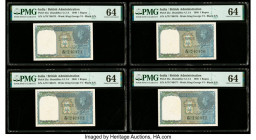 India Government of India 1 Rupee 1940 Pick 25a Jhun4.1.1A Four Consecutive Examples PMG Choice Uncirculated 64 (4). Spindle holes at issue are presen...
