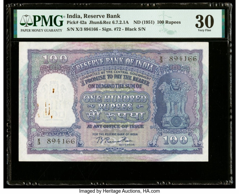 India Reserve Bank of India 100 Rupees ND (1951) Pick 42a Jhun6.7.2.1A PMG Very ...