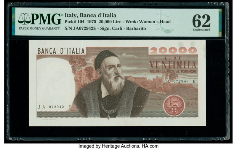 Italy Banco d'Italia 20,000 Lire 1975 Pick 104 PMG Uncirculated 62. Thinning is ...