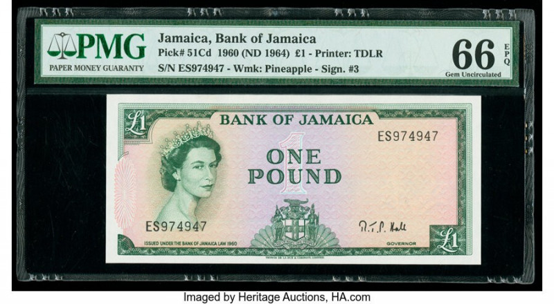 Jamaica Bank of Jamaica 1 Pound 1960 (ND 1964) Pick 51Cd PMG Gem Uncirculated 66...