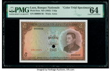 Lao Banque Nationale du Laos 5 Kip ND (1962) Pick 9cts Color Trial Specimen PMG Choice Uncirculated 64. Red Specimen overprints and one POC present.

...