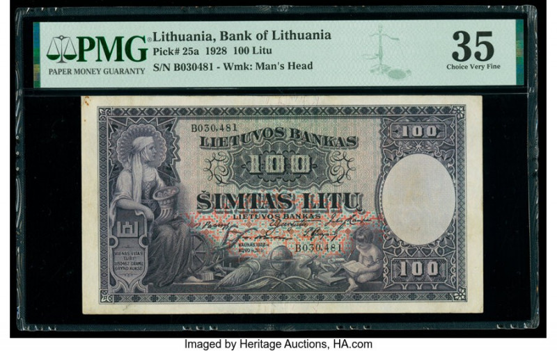 Lithuania Bank of Lithuania 100 Litu 1928 Pick 25a PMG Choice Very Fine 35. Mino...