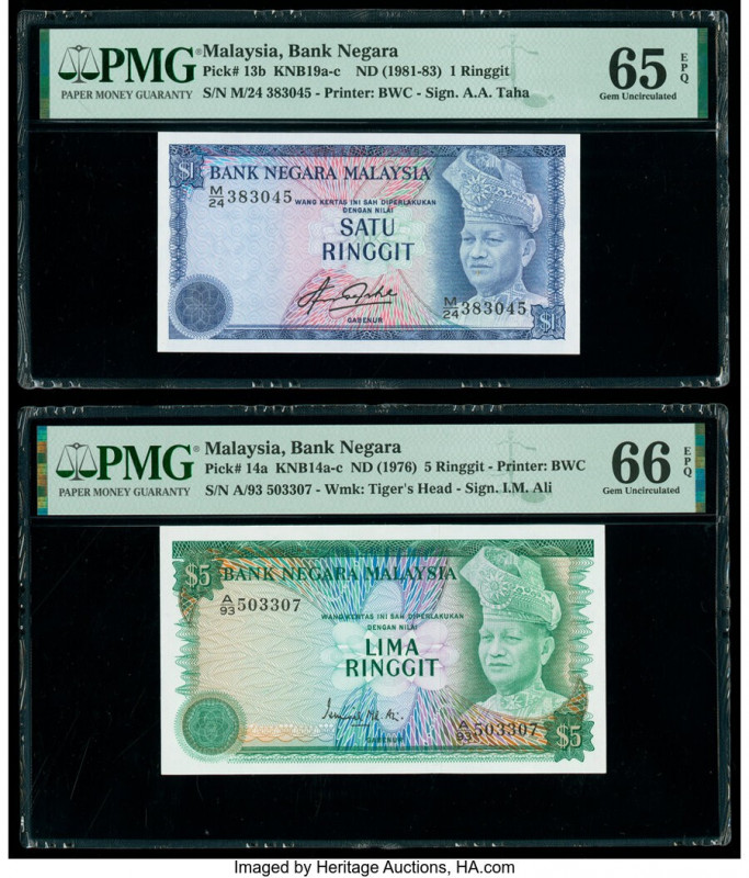 Malaysia Bank Negara 1; 5 Ringgit ND (1981-83); ND (1976) Pick 13b; 14a Two Exam...