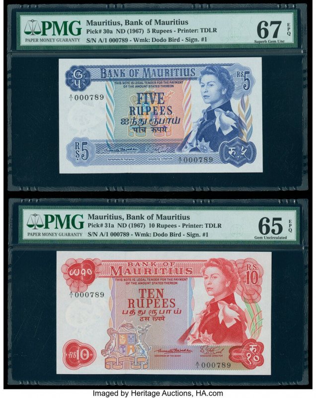 Matching Serial Number Mauritius Bank of Mauritius 5; 10 Rupees ND (1967) Pick 3...