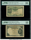 Portugal Banco de Portugal 500; 2500 Reis 30.9.1910; 30.6.1909 Pick 105a; 107 Two Examples PMG About Uncirculated 55; Choice 15. Split repair is noted...