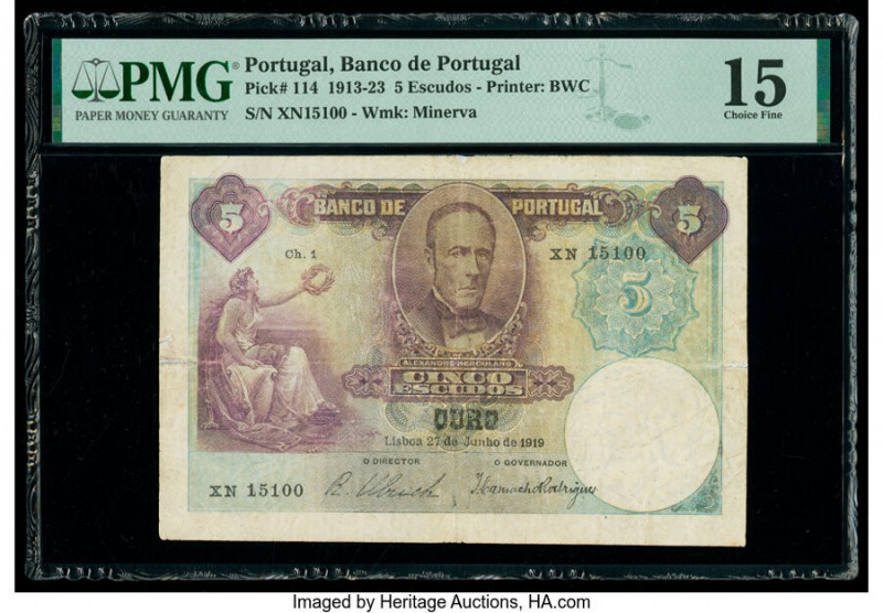 Portugal Banco de Portugal 5 Escudos 27.6.1919 Pick 114 PMG Choice Fine 15. Mino...