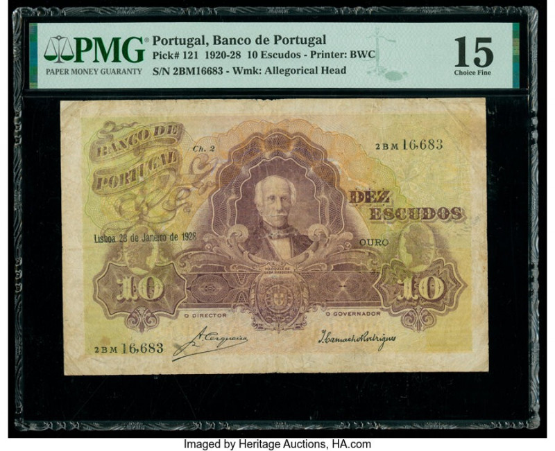 Portugal Banco de Portugal 10 Escudos 28.1.1928 Pick 121 PMG Choice Fine 15. 

H...