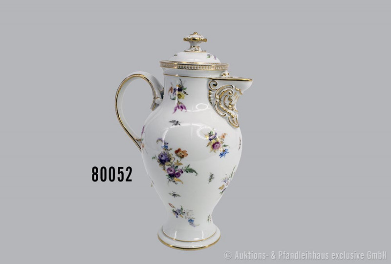 Porzellan Kaffeekanne mit Deckel, Meissen, Blumendekor, 1. Wahl, im Deckel auf d...