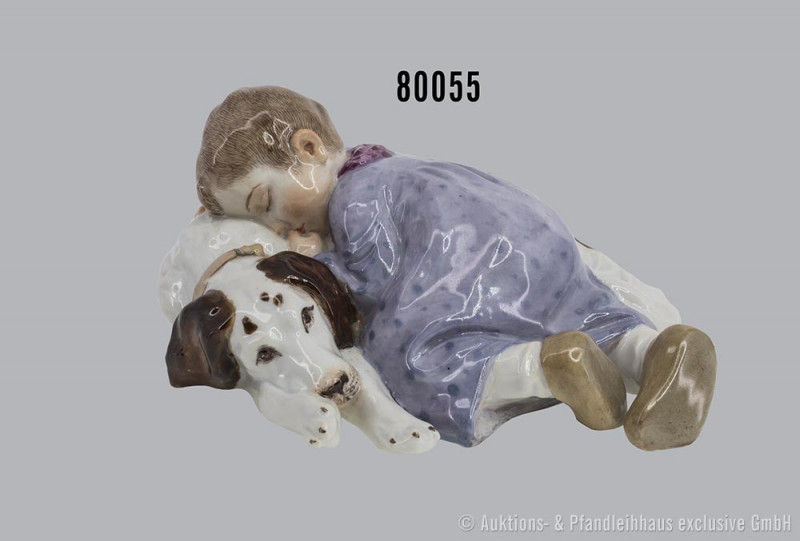 Porzellan Hentschel Kind, "Kind, auf einem liegenden Hund schlafend", Meissen, 2...