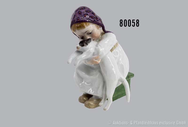 Porzellan Hentschel-Kind, "Mädchen mit Haube, eine Katze in den Armen", Meissen,...