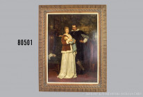 Gemälde, Öl auf Holz, Robert Julius Beyschlag (1838-1903), Interieur mit Familienidylle, feine Malerei, Vater und Mutter mit Baby, im Hintergrund Möbe...