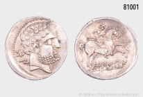 Hispania Citerior, Bolskan (Osca), Drachme/Denar, ca. 180-120 v. Chr., 4,07 g, 18 mm, Burgos 408, Ziegaus 83, Schürfspur am Kopf, vorzüglich