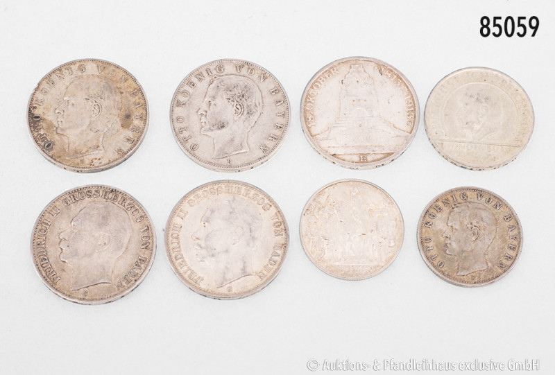 Deutsches Reich (Kaiserreich und Weimarer Republik), Konv. 5 x 3 Mark (2 x Baden...