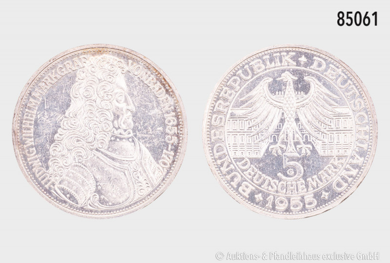 BRD, 5 DM 1955 G, Markgraf von Baden. 11,24 g; 29 mm. AKS 212; J. 390, kleine Ra...