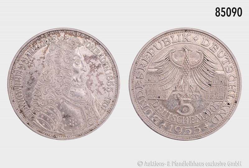 BRD, 5 DM 1955 G, Markgraf von Baden, 29 mm, AKS 212, J. 390, feine Patina, vorz...