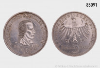 BRD, 5 DM 1955 F, anlässlich des 150. Todestages von Friedrich Schiller, 29 mm. AKS 211, J. 389, Kratzer und Randfehler, fast vorzüglich