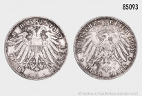Deutsches Reich (Kaiserreich), Lübeck, 3 Mark 1908 A, 33 mm, J. 82, kleine Kratzer und Randfehler, etwas berieben, fast vorzüglich-vorzüglich