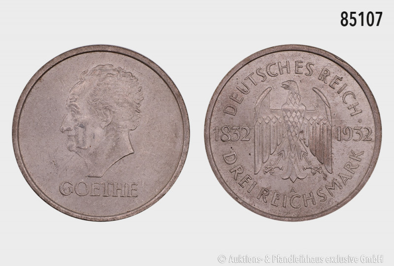 Weimarer Republik, 3 RM 1932 A, 100. Todestag Goethes, 30 mm, Jaeger 350, kleine...