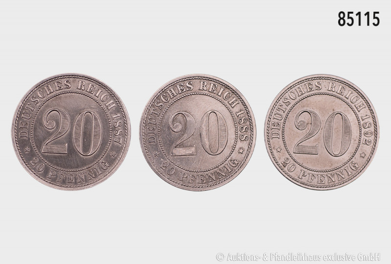 Deutsches Reich (Kaiserreich), Konv. 20 Pfennig 1887 A, 1888 A und 1892 A, Cu/Ni...