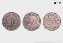 Deutsches Reich (Kaiserreich), Konv. 20 Pfennig 1887 A, 1888 A und 1892 A, Cu/Ni, AKS 9, 10, Jaeger 6, 14, teilweise kleine Randfehler und Kratzer, vo...