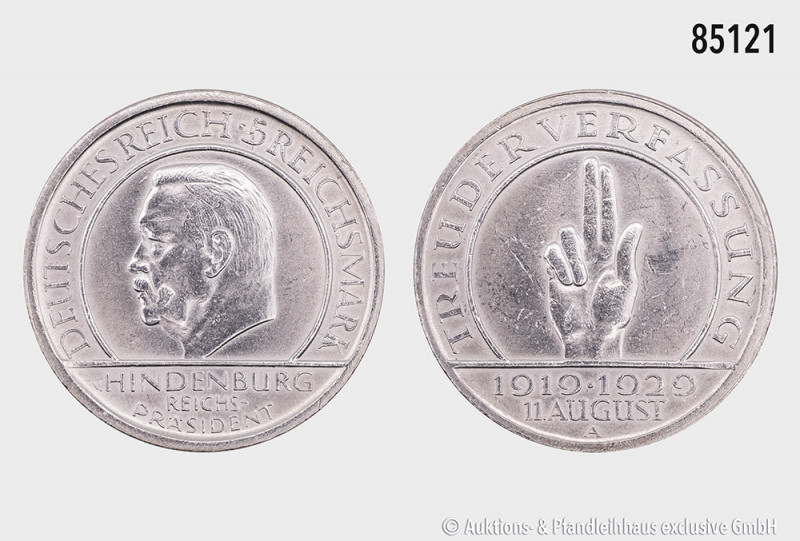 Weimarer Republik, 5 RM 1929 A, Hindenburg, 36 mm, Jaeger 341, kleine Randfehler...