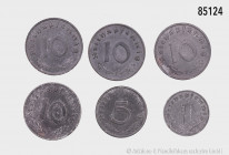 Deutschland unter alliierter Besatzung, Konv. 10 Reichspfennig 1945 F, 1946 F, 1947 F, 1948 F (Jaeger 375), 5 Reichspfennig 1947 D (Jaeger 374) und 1 ...
