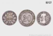 Deutsches Reich (Kaiserreich), Konv. 3 Kursmünzen, 50 Pennig 1877 D, Silber, Jaeger 8, 50 Pfennig 1877 B, Jaeger 7 und 20 Pfennig 1888 D, Jaeger 6, se...