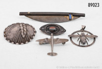 Konv. 5 Broschen, dabei Biene, DLV, 835er Silber, Greifenkunst, Ähre, 800er Silber, Brosche, 925er Silber, mit Stein, große Brosche, 925er Silber