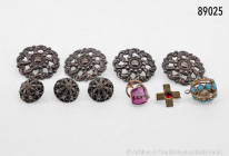 Konv. 4 Silberknöpfe, 835er Silber, dazu 3 kleine Silberknöpfe, 800er Silber, ideal als Trachtenknöpfe, dazu Anstecknadel mit Kreuz, 925er Silber, ver...